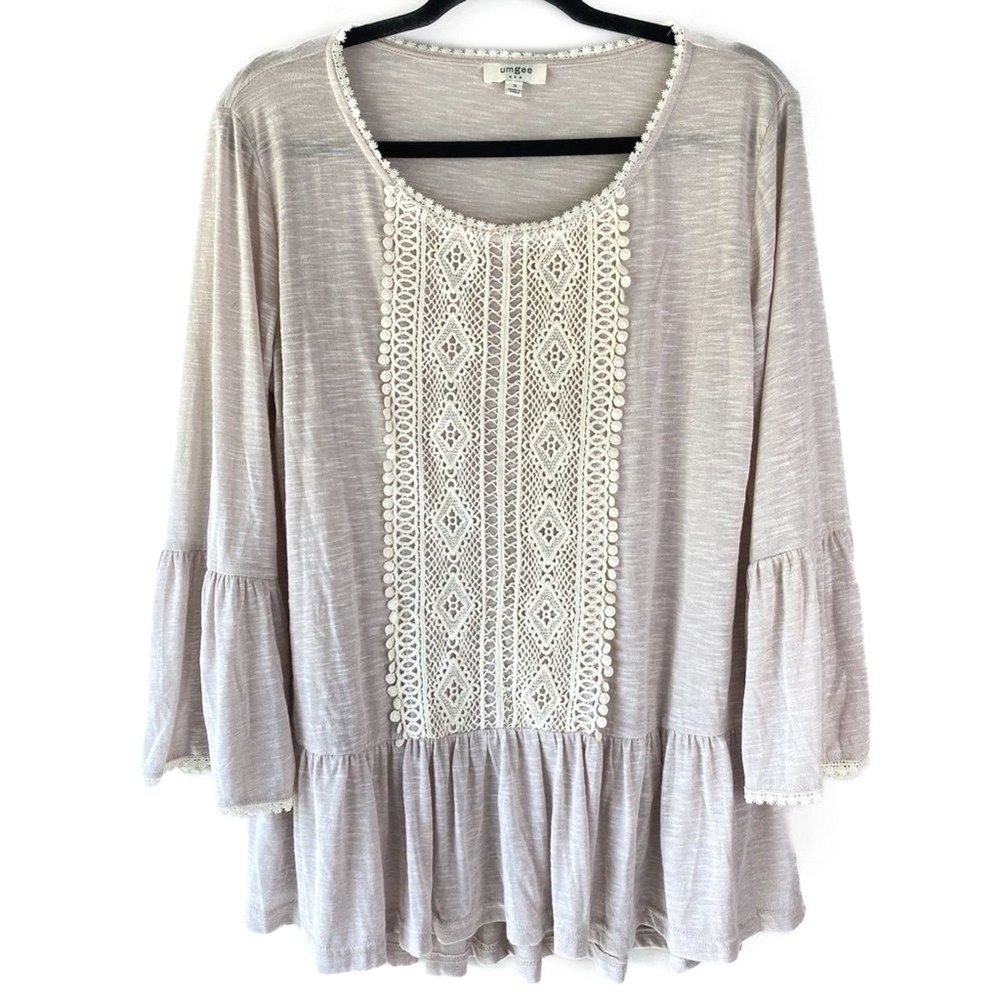 Umgee Womens Blouse S Beige Crochet Lace Bell Sleeve Top Cottagecore Romantic